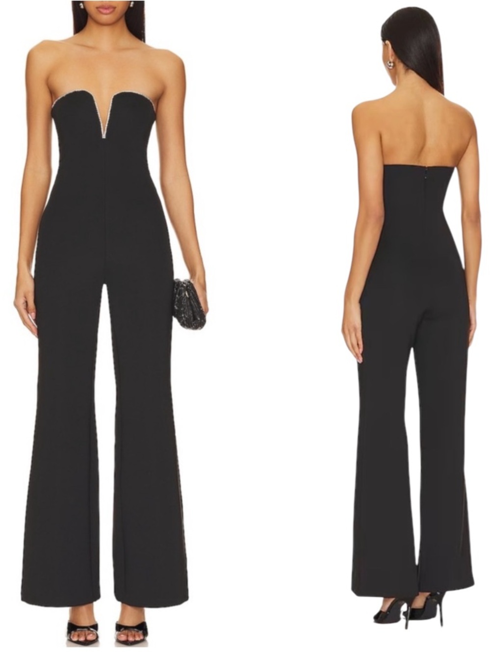 Good American Scuba Black Strapless Rhinestone Trim Sweetheart Jumpsuit NWT $169